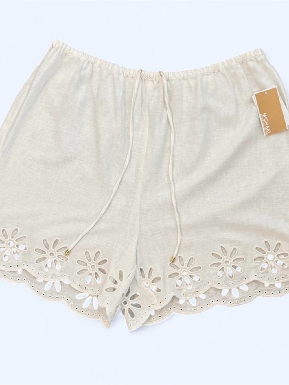 Michael Kors Cream Eyelet Scalloped Linen-Blend High Waist Shorts